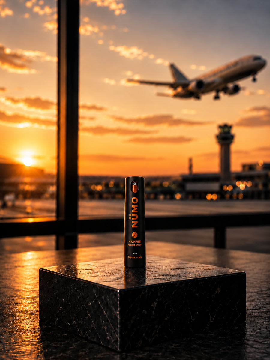 NÜMO in aeroporto, con un aereo in decollo